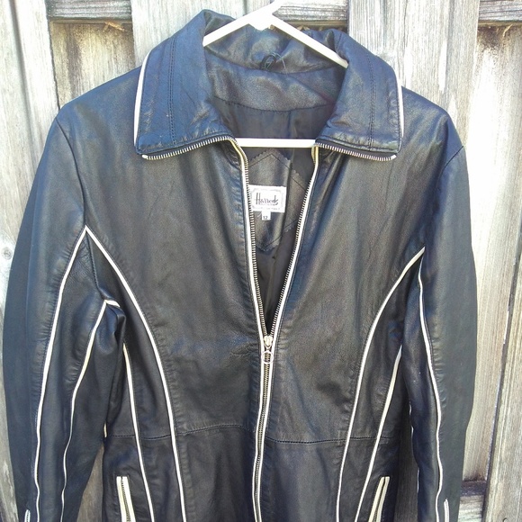 Harrods London Black leather jacket cream trim 12